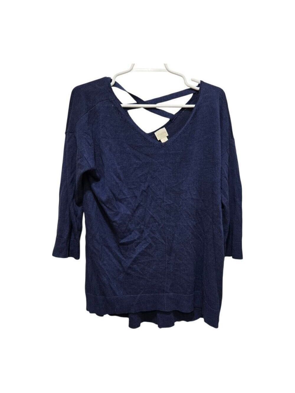 Chico's Criss Cross Back Tunic Top Size 2 Large Navy Ramie Viscose Coastal